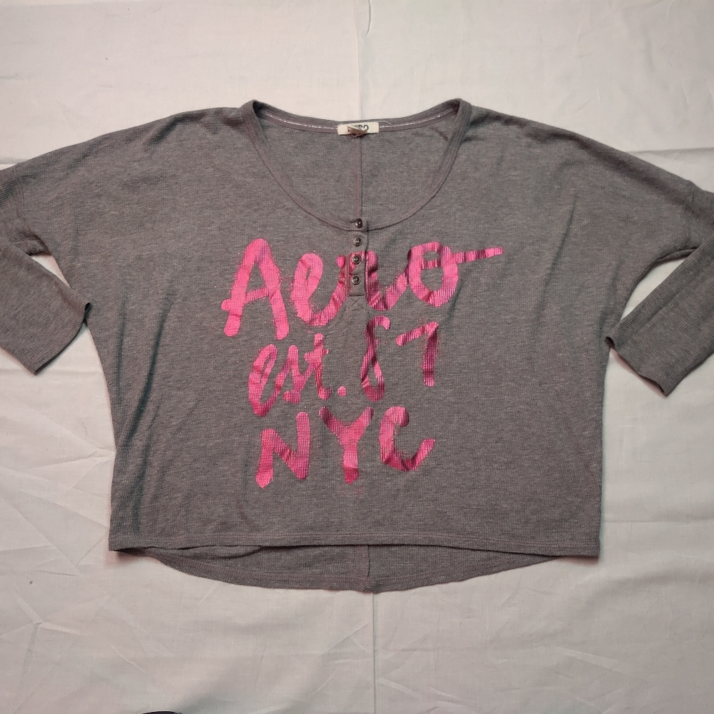 Aeropostale Shirt Women's Small Gray Top Round Neck Long Sleeve Aero Tee Shirt